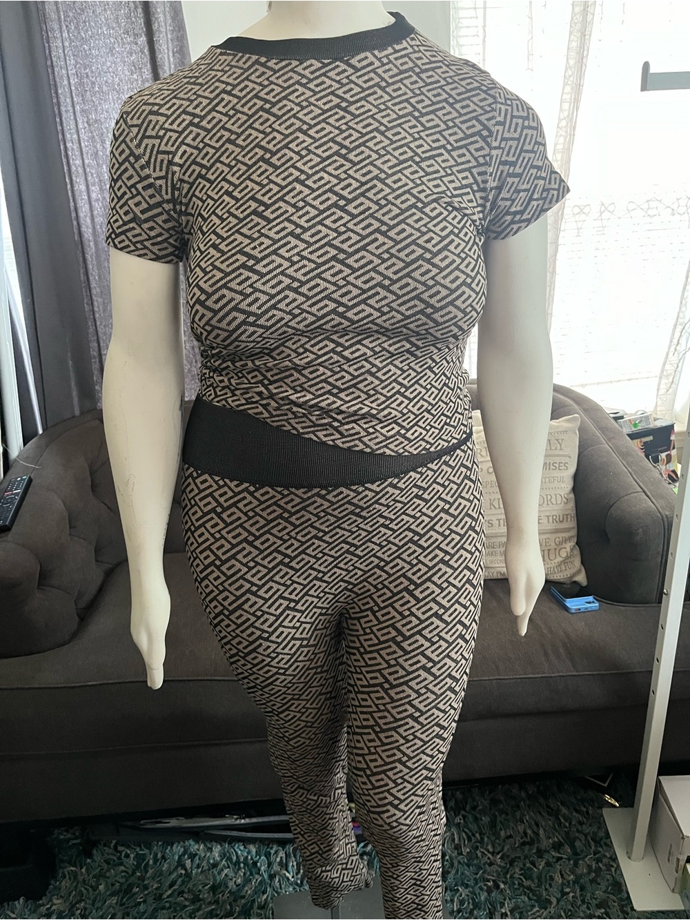 Roma Concept Geometric Print Short Sleeve Top & Legging Set in Beige and Black